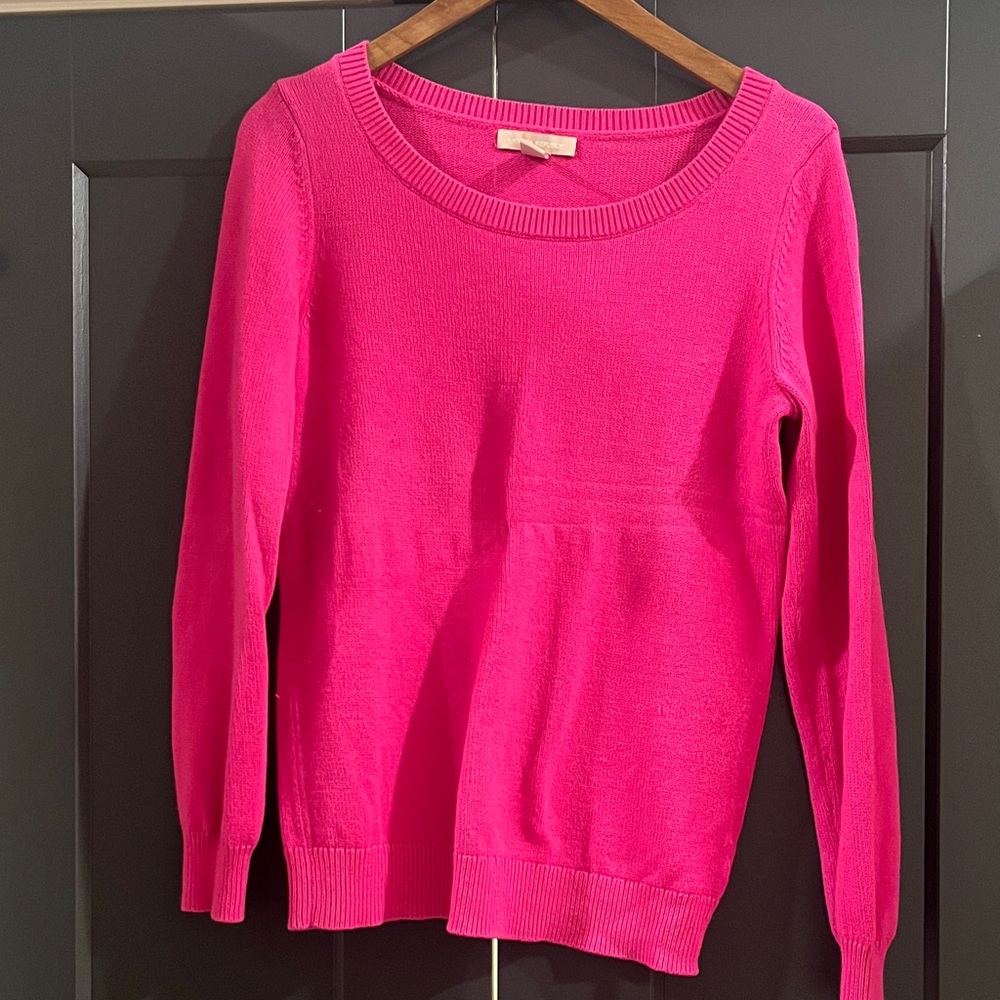 Banana Republic Bright Pink Crew Neck Sweater- with Gold Sequin Elbow Patches